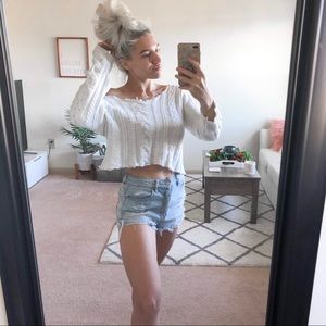 White Distressed Crop Top Knit Sweater